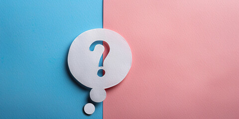 Question marker on thought balloon blue and pink background, questions about gender identity