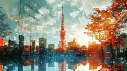 Tokyo Tower in Japan. double exposure contemporary style minimalist artwork collage illustration. Ai generative