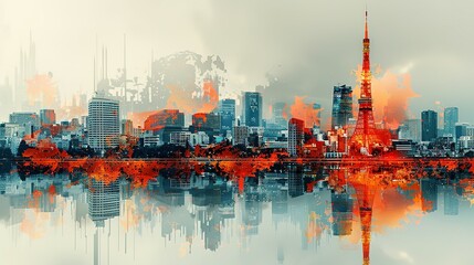 Tokyo Tower in Japan. double exposure contemporary style minimalist artwork collage illustration. Ai generative