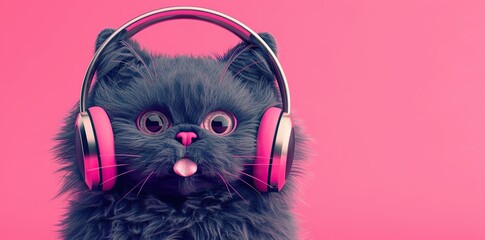 Playful Persian cat wearing pink headphones. Tongue sticking out. Pink backdrop.