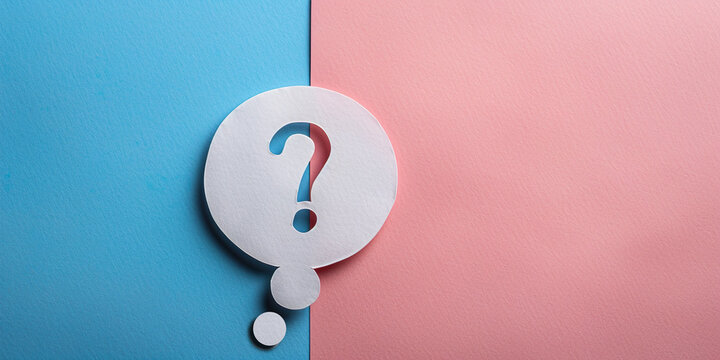 Question marker on thought balloon blue and pink background, questions about gender identity