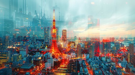 Tokyo Tower in Japan. double exposure contemporary style minimalist artwork collage illustration. Ai generative