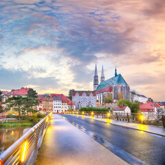 Colorful autumn cityscape of Gorlitz with parish church of St. Peter and Paul. - obrazy, fototapety, plakaty