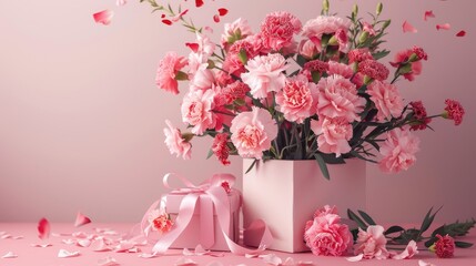 Designing a Mother s Day greeting card featuring a beautiful carnation bouquet and gift against a pink background