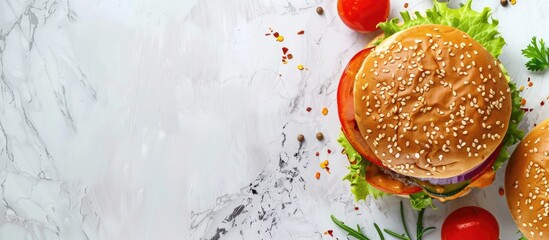 Vegan lentil burger served with vegetables and curry sauce. Background is light with space for text. Concept of vegan cuisine.