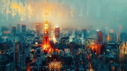 Tokyo Tower in Japan. double exposure contemporary style minimalist artwork collage illustration. Ai generative
