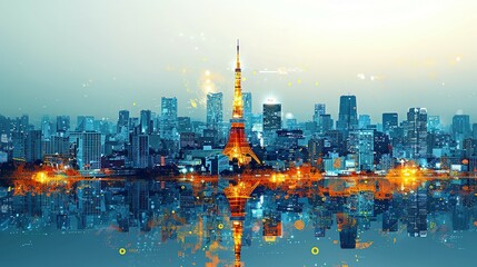 Tokyo Tower in Japan. double exposure contemporary style minimalist artwork collage illustration. Ai generative