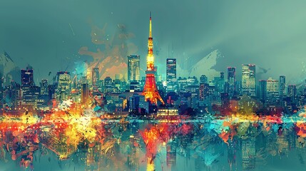 Tokyo Tower in Japan. double exposure contemporary style minimalist artwork collage illustration. Ai generative