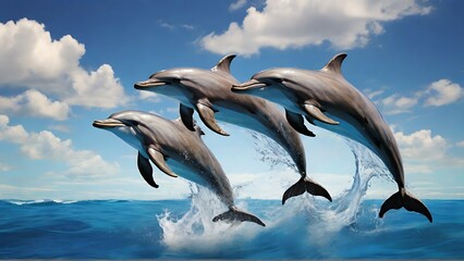 Dolphin Symphony: Underwater Scene of Joyful Family Swimming and Leaping - obrazy, fototapety, plakaty