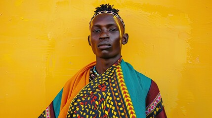 A vibrant portrait of a young man donning a bold poncho stands out against a sunny yellow backdrop