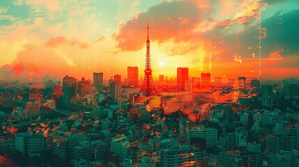Tokyo Tower in Japan. double exposure contemporary style minimalist artwork collage illustration. Ai generative
