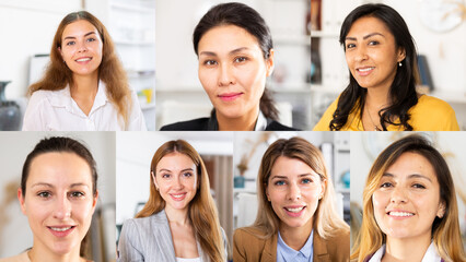 Collage of portraits of positive successful young adult female entrepreneurs, office workers and...