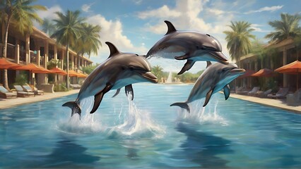 Aquatic Joy: Delightful Scene of Dolphins Swimming and Leaping Underwater