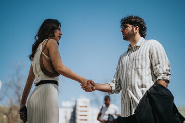 Two business professionals in a friendly handshake outdoors, symbolizing partnership and agreement