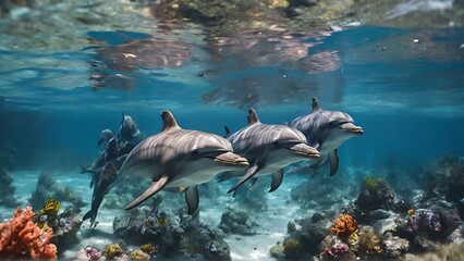 Oceanic Harmony: Family of Dolphins Frolicking Underwater with Joy