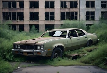 Abandoned car in a post apocalyptic city scene