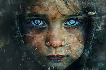 somber portrait of neglected hungry child with blue eyes concept of poverty and war digital painting