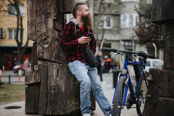 Bearded man in a plaid shirt pausing on his urban bike ride to use his mobile phone, with a blurred city background.