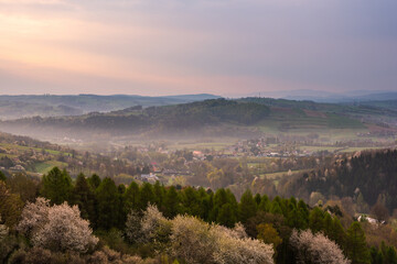 Fototapeta na wymiar Misty Sunrise at Rural Countryside at Spring