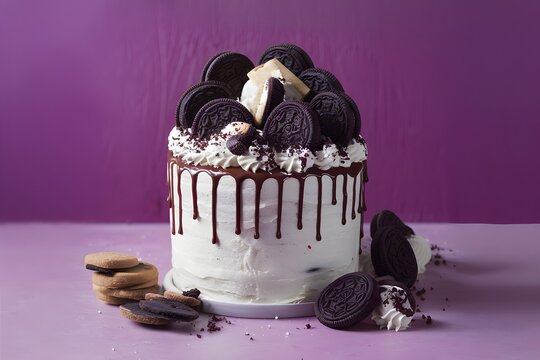 White cake drizzled with chocolate, adorned with Oreo and Toffifee cookies