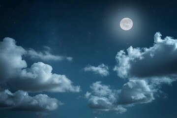 Naklejka na ściany i meble Night sky adorned with fluffy clouds, twinkling stars, and moonlight
