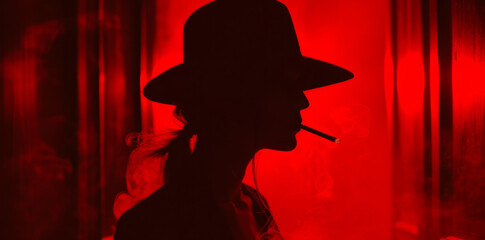 a shadowy woman figure wearing a fedora hat and smoking in dark red lighting. - obrazy, fototapety, plakaty