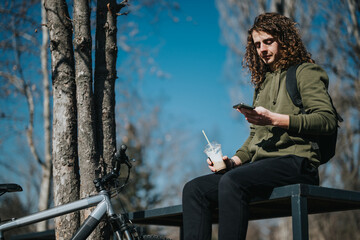 A young curly-haired man sits on a bench in the park, holding a smart phone and a drink, with a bicycle beside him on a sunny day.