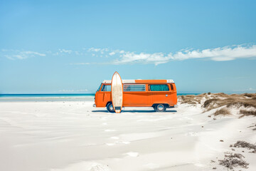 Vintage orange camper van and a surfboard in a deserted beach. Surfer vanlife.