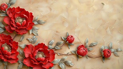 Red decorative volumetric peony flower on the background. Decorative wall
