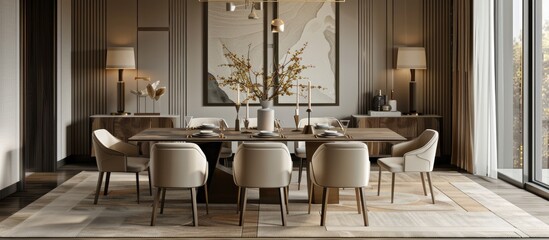 Contemporary dining room design featuring an elegant wooden table, fashionable chairs, and stylish decor accents. Layout for home interior decoration.