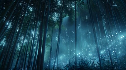 Mysterious lights in bamboo forest at night
