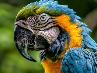 blue and yellow macaw closeup photo, detailed and high resolution, wildlife photography, parrot family, bird, feathers, tropical birds, exotic