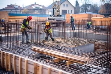 Team of the construction workers works on foundation of contemporary house.