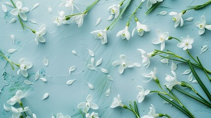 A creative layout featuring delicate white snowdrop flowers set against a backdrop of light blue and white hues Presented in a flat lay style this composition embodies a fresh and vibrant s