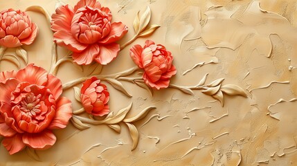 Red decorative volumetric peony flower on the background. Decorative wall
 - obrazy, fototapety, plakaty