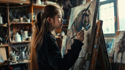Fototapeta na wymiar A girl wearing a black dress in an art room, her horse watching her