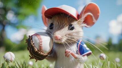 Mouse with a heroic musculine physical build wearing a baseball uniform - obrazy, fototapety, plakaty