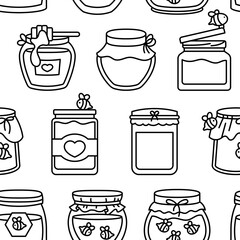 Glass pot full of honey. Seamless pattern. Coloring Page. Bee and wooden honey dipper. Open jar. Hand drawn style. Vector drawing. Design ornaments.