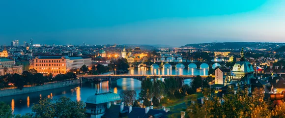 Foto auf Alu-Dibond Prague, Czech Republic. Evening Panoramic View Of Evening Cityscape In Night Lighting. Charles Bridge, Manes Bridge, Straka Academy.  Famous Landmarks, UNESCO World Heritage © FaiV007