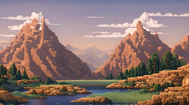 Mountain and Lake landscape in the background, 16 bit pixel art style. Game Concept Footage Background