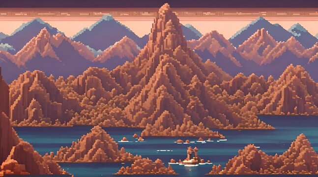 Great mountain  landscape in the background, 16 bit pixel art style. Game Concept Footage Background