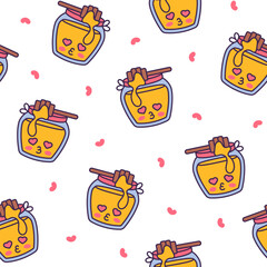 Cute kawaii honey jar. Seamless pattern. Glass pot character. Hand drawn style. Vector drawing. Design ornaments.