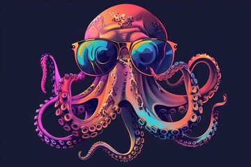 stylish octopus sunglasses solid color background minimalist modern vector illustration faceted digital art