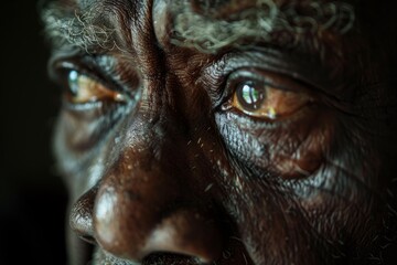 The eyes of an elderly man with dark skin and white hair.