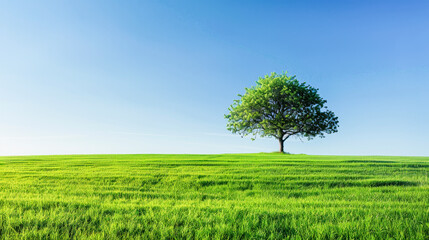 A solitary tree stands in the midst of a lush green field under a clear blue sky, evoking serenity and solitude.