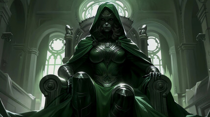 Comic Book Style Art Character Female Superhero Villain Sitting on a Throne
