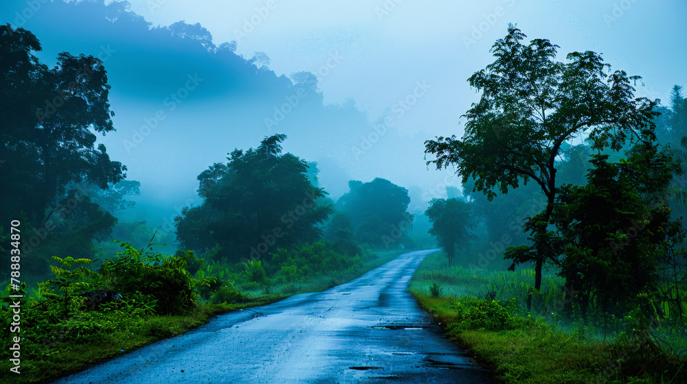 Poster a misty roadway meanders through a lush forest, with dense fog enveloping the trees and creating a s