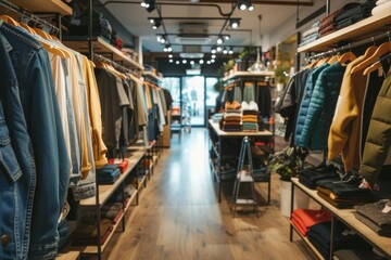 trendy clothing store interior with casual apparel on racks and shelves modern retail design - obrazy, fototapety, plakaty