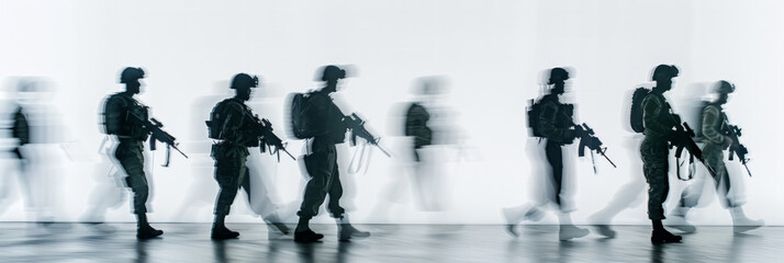 a long exposure photograph of multiple military people with weapons, motion blur