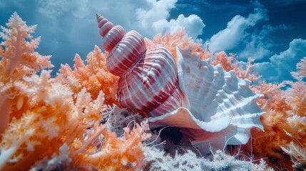 Surreal Seashell Amongst Pink Coral Plants on a Beach in Infrared Photography - obrazy, fototapety, plakaty